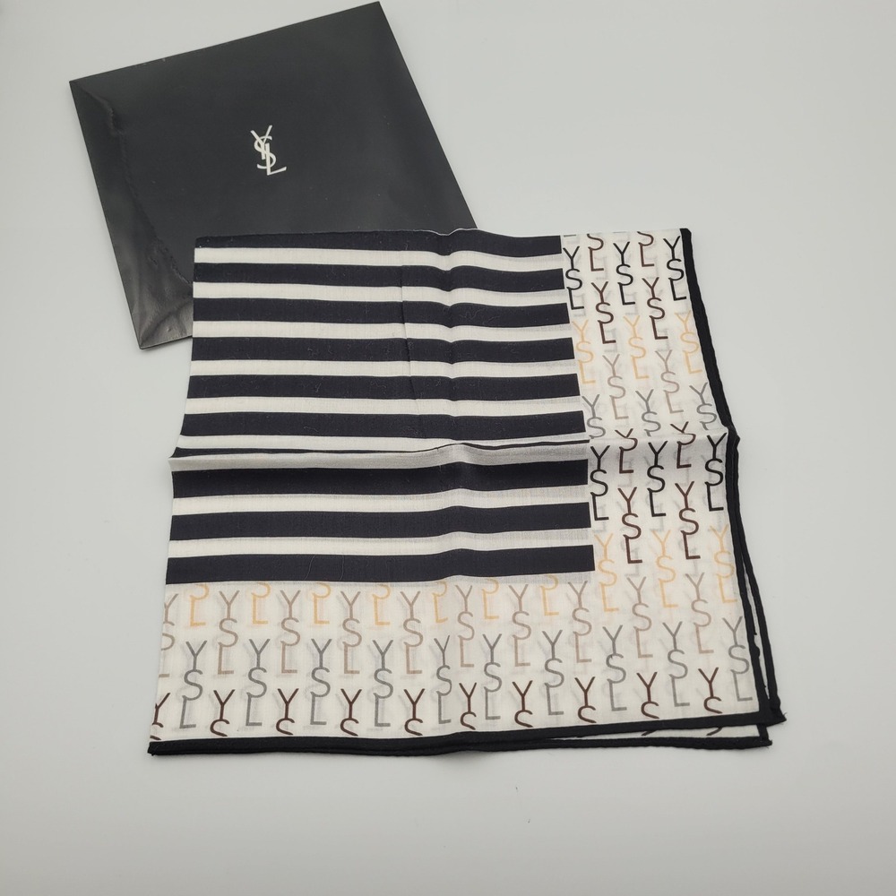 YSL Yves Saint Laurent Scarf Handkerchief Black White Striped Monogram Logo